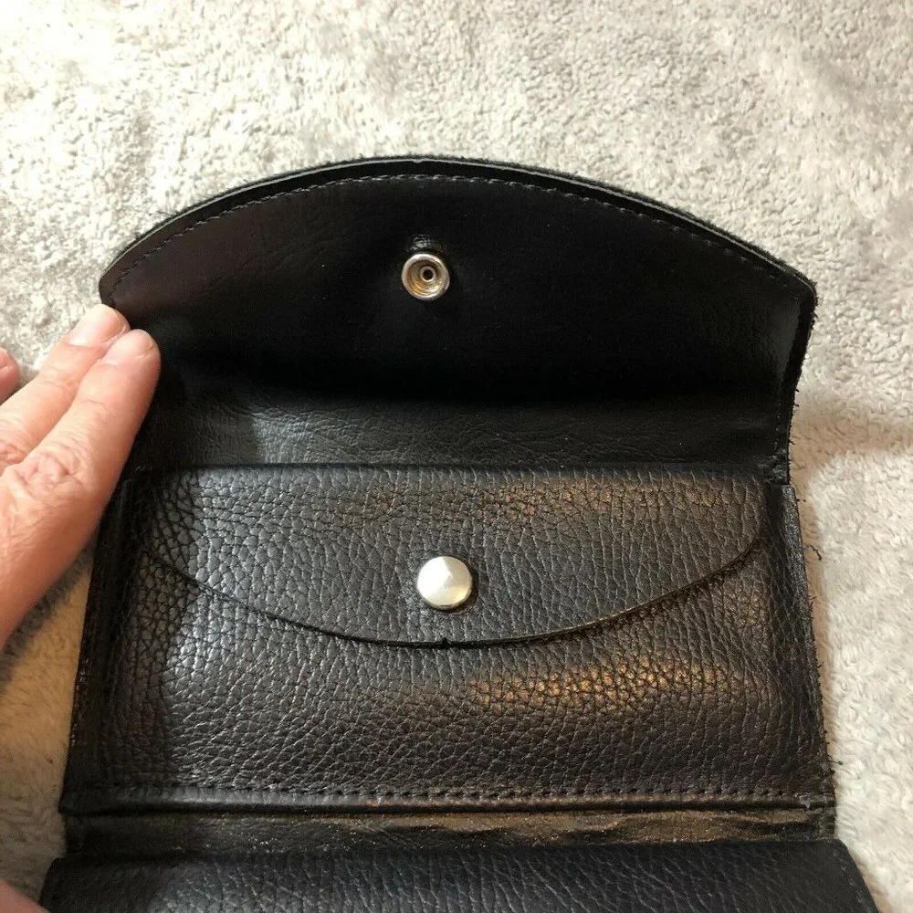 Vintage HARLEY DAVIDSON Biker Black Leather Large Trifold Wallet Embroidered